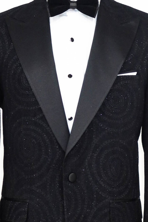 Hypnose Patterned Peak Lapel Slim Fit Black Men Tuxedo  Blazer - Wessi