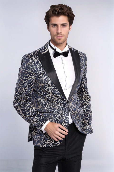 Sparkling Ivy Patterned Slim Fit Navy Blue Men Tuxedo Jacket - Wessi