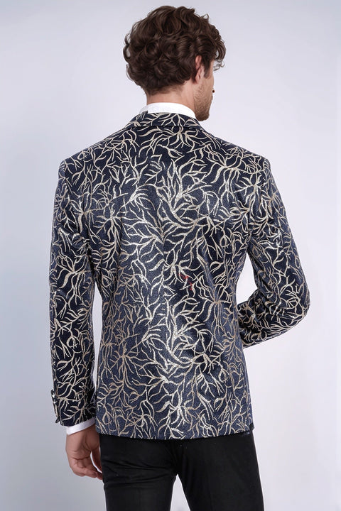 Sparkling Ivy Patterned Slim Fit Navy Blue Men Tuxedo Jacket - Wessi