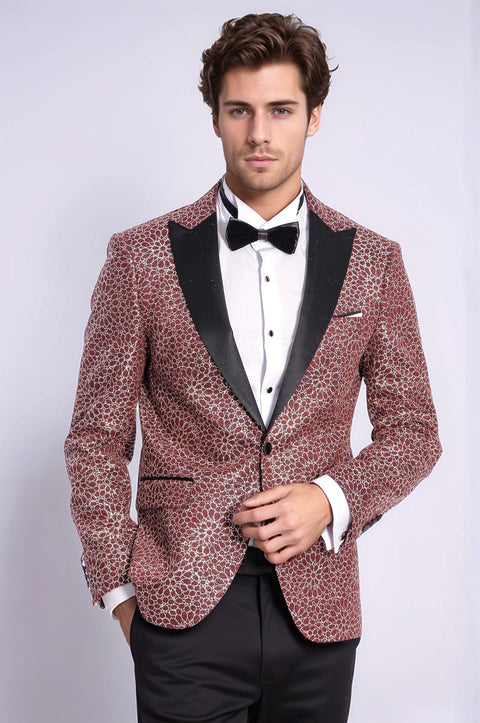Flower Embroidered Pattern Burgundy Men Tuxedo Blazer - Wessi