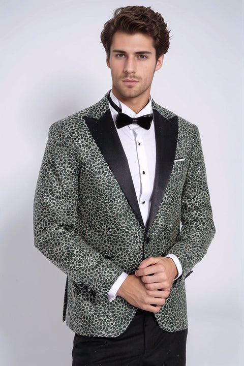 Flower Embroidered Pattern Green Men Party Tuxedo Jacket - Wessi