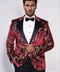 Peak Lapel Slim Fit Gold Patterned Burgundy Men Party Blazer - Wessi