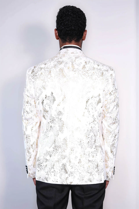 Peak Lapel Slim Fit Gold Patterned White Men Dinner Jacket - Wessi