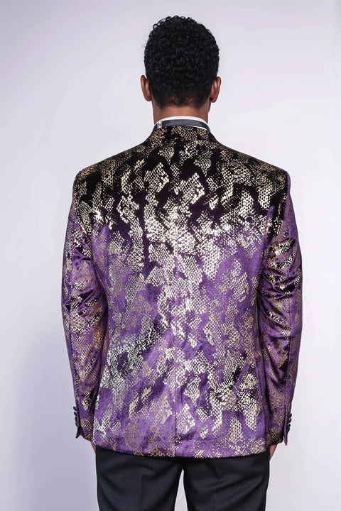 Peak Lapel Slim Fit Gold Patterned Purple Men Singer Tuxedo Blazer