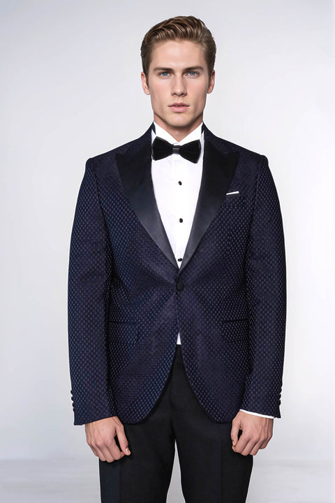 Satin Peak Lapel Textured Men's Navy Blue Tuxedo Jacket - Wessi