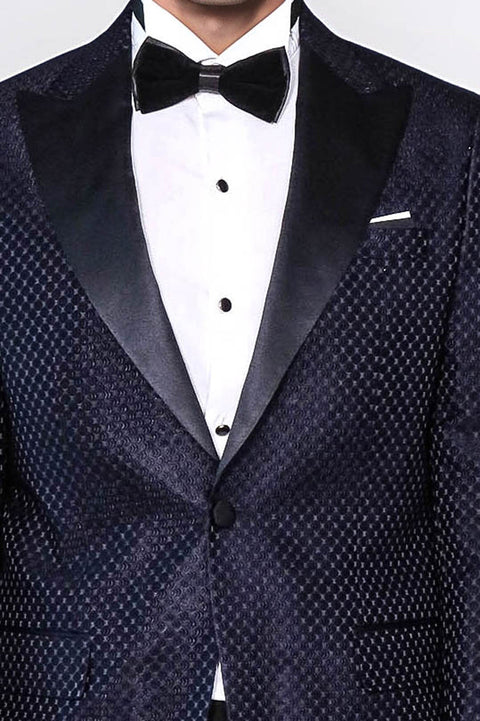 Satin Peak Lapel Textured Men's Navy Blue Tuxedo Jacket - Wessi