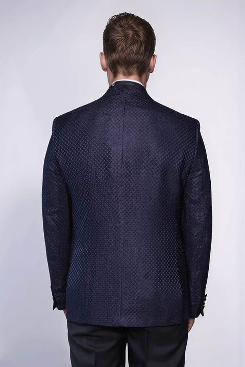 Satin Peak Lapel Textured Men's Navy Blue Tuxedo Jacket - Wessi