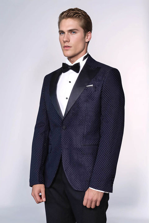 Satin Peak Lapel Textured Men's Navy Blue Tuxedo Jacket - Wessi