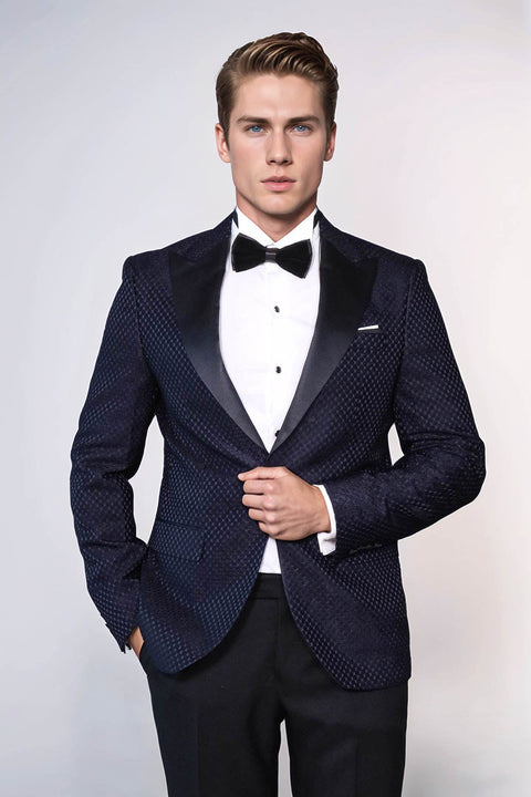 Satin Peak Lapel Textured Men's Navy Blue Tuxedo Jacket - Wessi