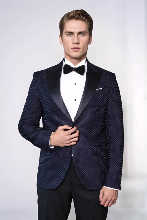 Satin Peak Lapel Textured Men's Navy Blue Tuxedo Jacket - Wessi