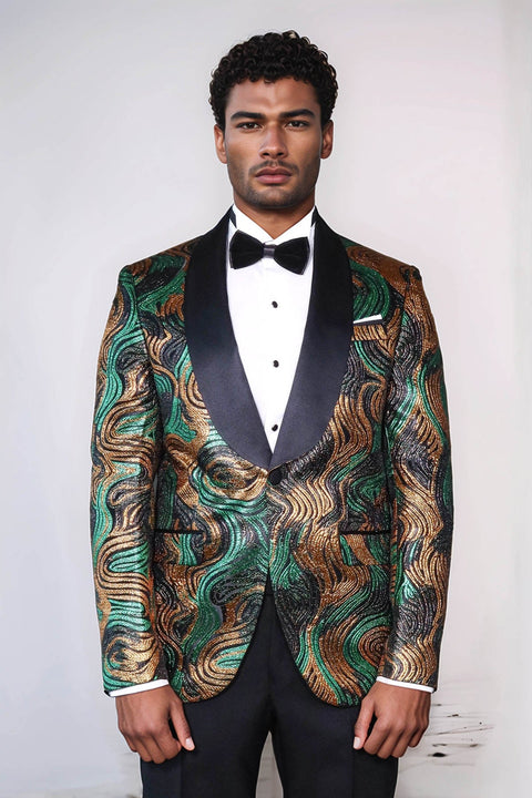 Gold-Green Patterned Over Black Men Stage Performers Jacket - Wessi