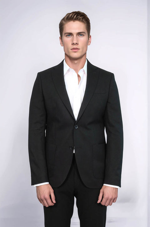 Textured Slim Fit Notch Lapel Black Men Blazer - Wessi
