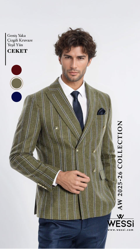 Wide Lapel Striped Double Breasted Green Men Blazer - Wessi