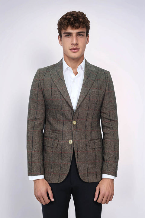 Checked Brown Slim-Fit Men's Blazer - Wessi