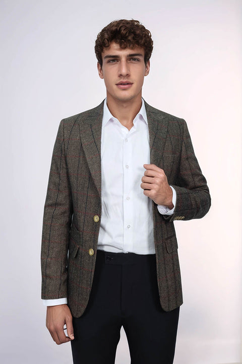 Checked Brown Slim-Fit Men's Blazer - Wessi