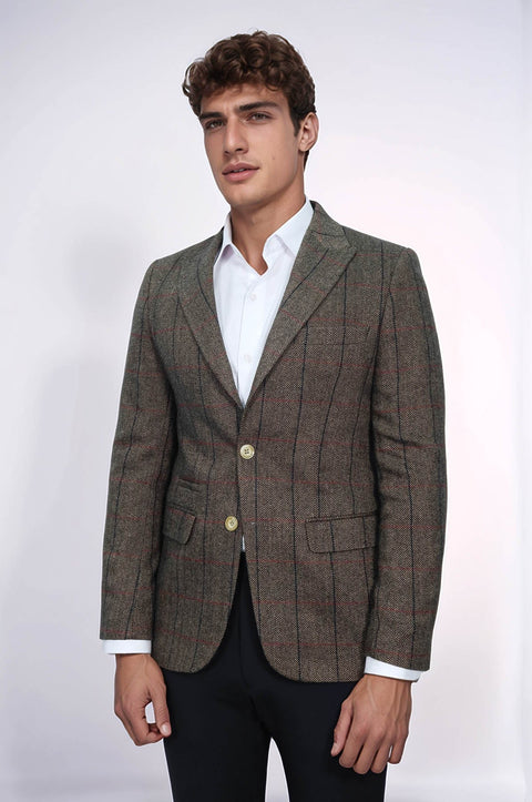 Checked Brown Slim-Fit Men's Blazer - Wessi