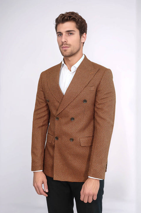Houndstooth Patterned Tawny Men Double Breasted Blazer - Wessi