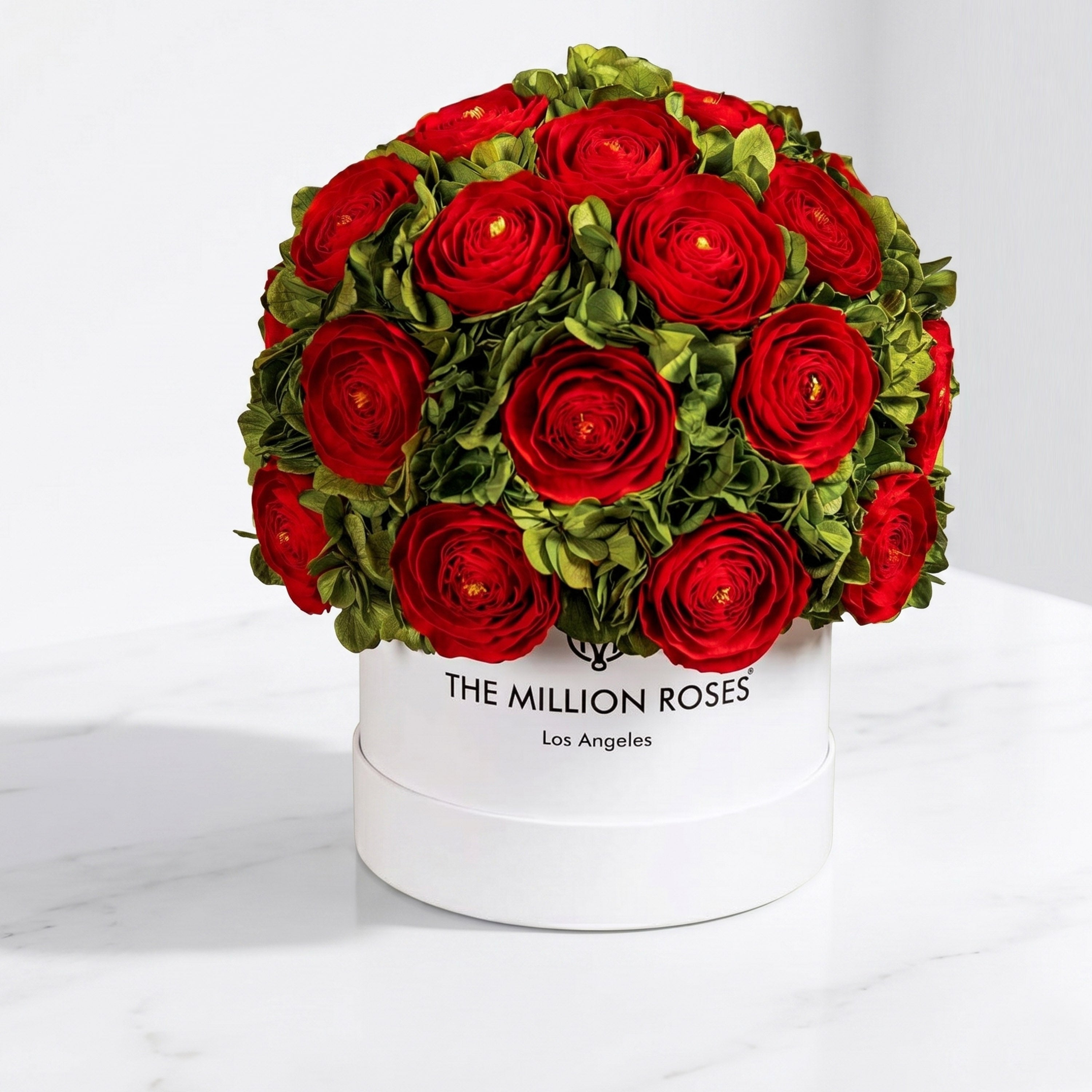 Classic White Box | Red Persian Buttercups & Green Hydrangeas