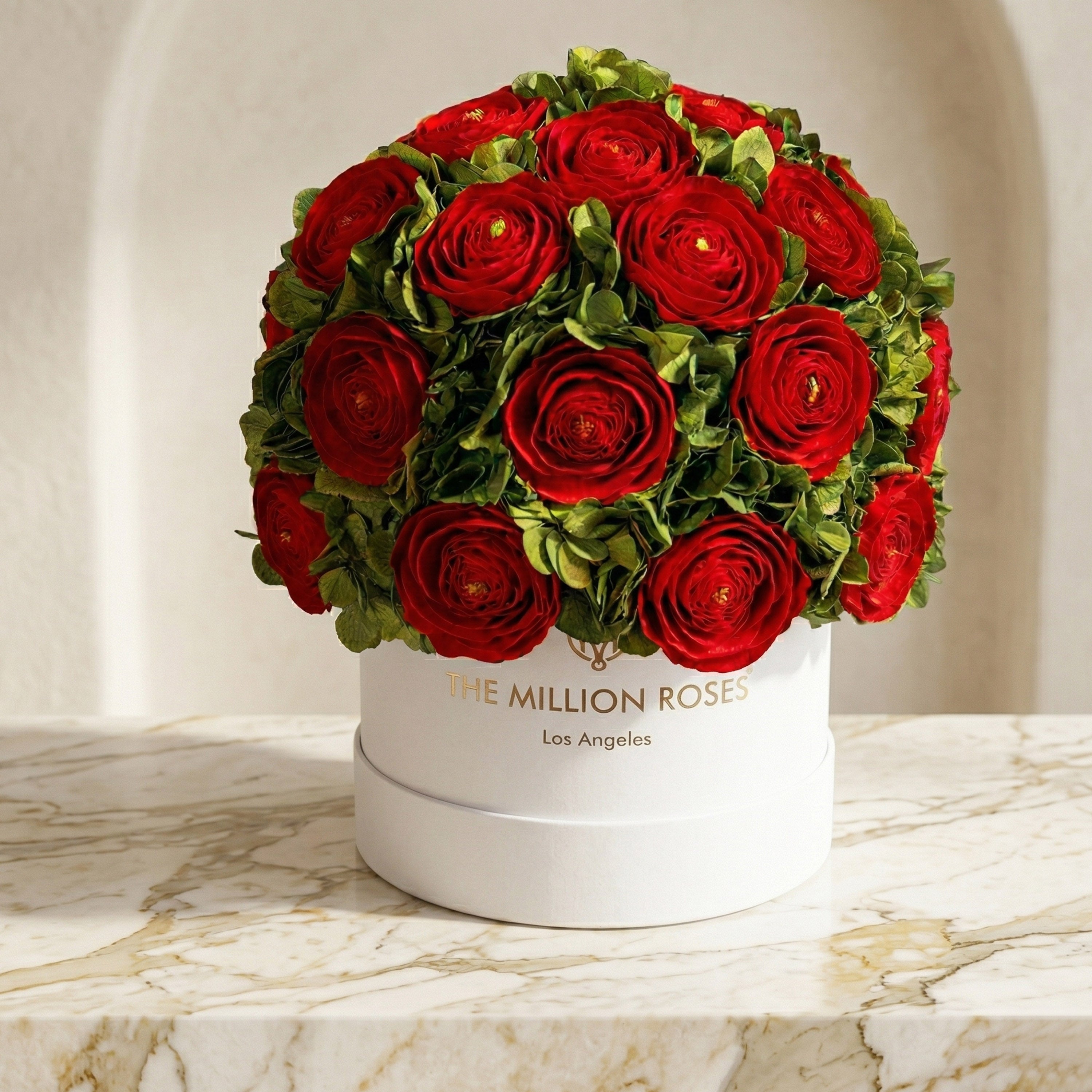 Classic White Box | Red Persian Buttercups & Green Hydrangeas