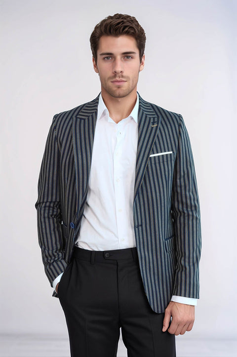 Navy Blue Striped Slim-Fit Blazer - Wessi