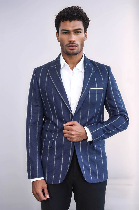 Striped Slim-Fit Navy Blue Men Blazer - Wessi