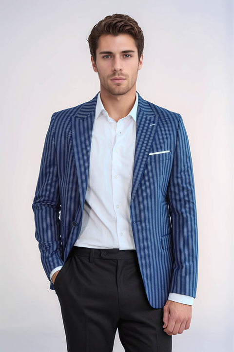 Striped Blue Slim-Fit Blazer - Wessi