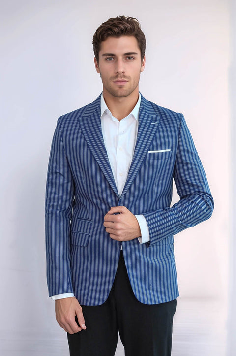Striped Blue Slim-Fit Blazer - Wessi