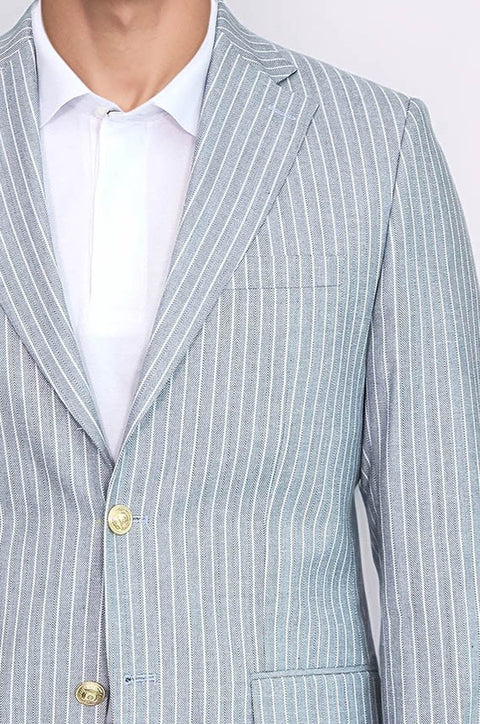 Light Blue Striped Linen Gold Metal Button Slim Fit Men's Blazer Jacket - Wessi