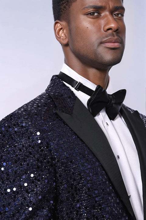Navy Blue Sequin Patterned Party Blazer | Wessi