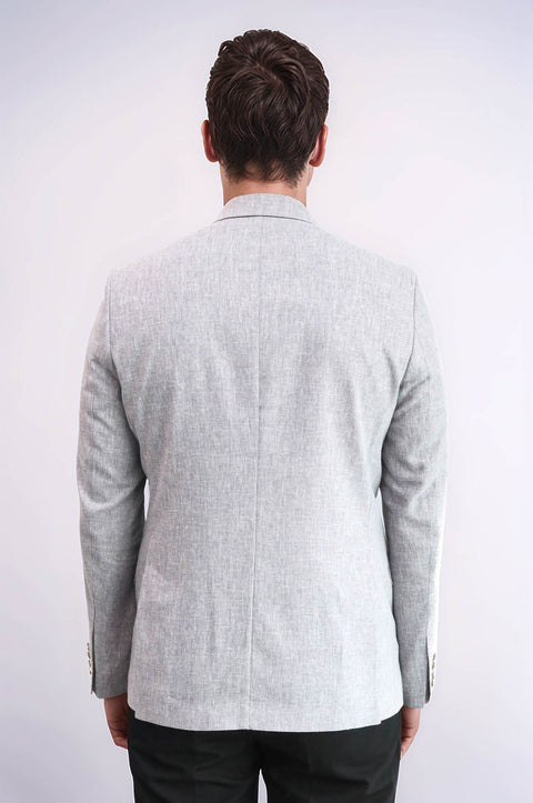Grey Textured Linen-Feel Gold Metal Button Slim Fit Men's Blazer Jacket - Wessi
