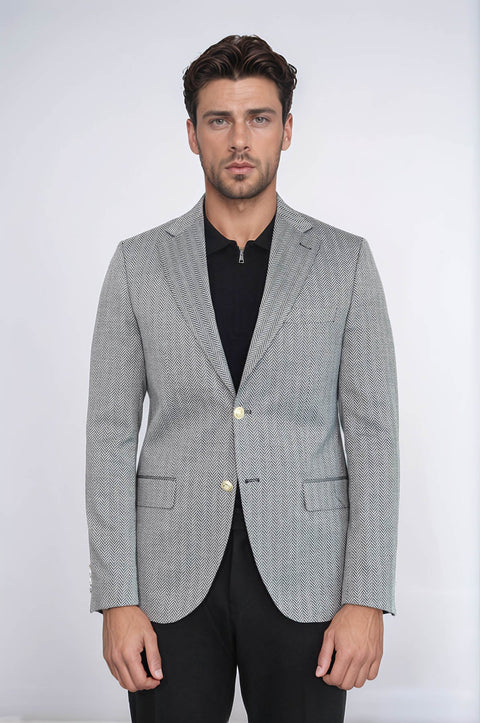 Black Herringbone Pattern Gold Metal Button Slim Fit Men's Blazer Jacket - Wessi