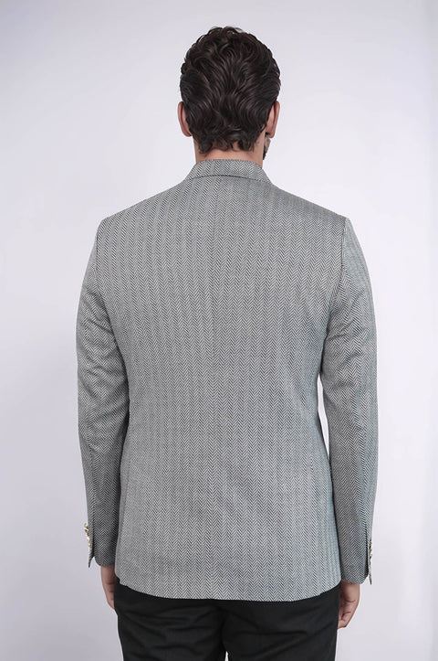 Black Herringbone Pattern Gold Metal Button Slim Fit Men's Blazer Jacket - Wessi