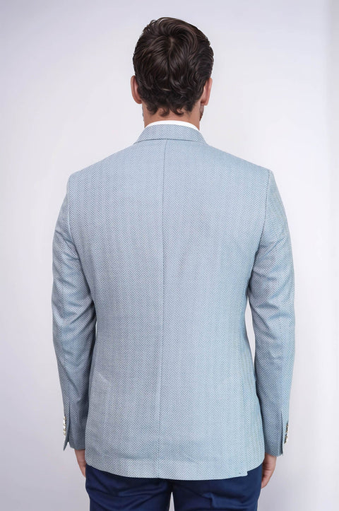 Light Blue Herringbone Pattern Gold Metal Button Slim Fit Men's Blazer Jacket - Wessi