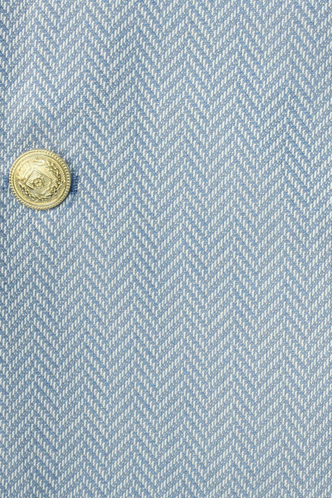 Light Blue Herringbone Pattern Gold Metal Button Slim Fit Men's Blazer Jacket - Wessi