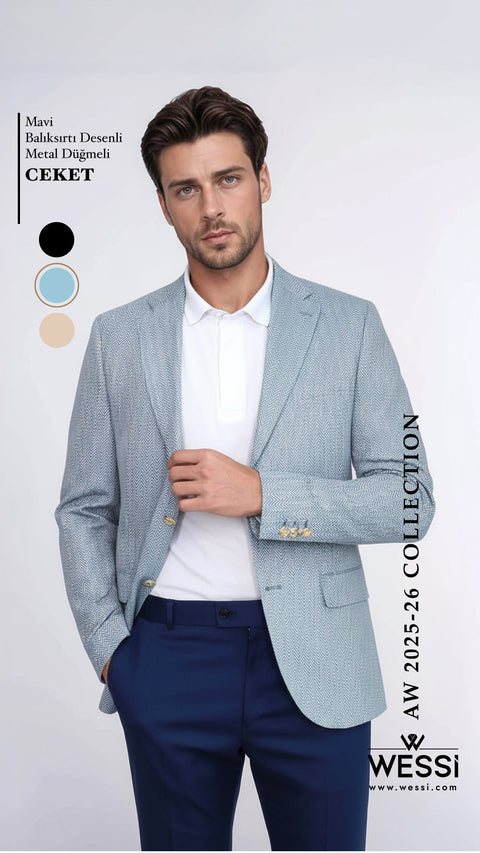 Light Blue Herringbone Pattern Gold Metal Button Slim Fit Men's Blazer Jacket - Wessi