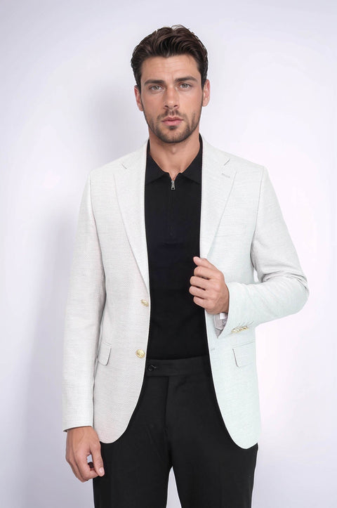 Light Grey Herringbone Pattern Gold Metal Button Slim Fit Men's Blazer Jacket - Wessi