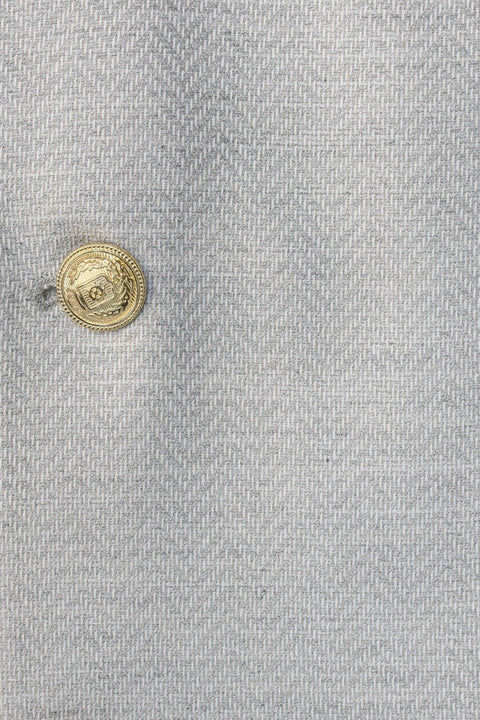 Light Grey Herringbone Pattern Gold Metal Button Slim Fit Men's Blazer Jacket - Wessi