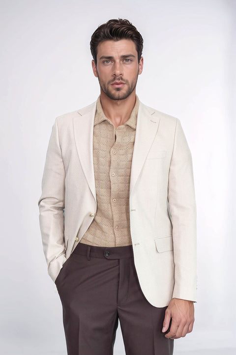 Beige Herringbone Pattern Gold MetalButton Slim Fit Men's Blazer Jacket - Wessi