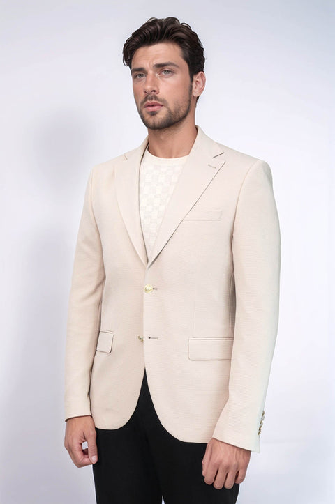 Beige Textured Gold Metal Button Slim Fit Men's Blazer Jacket - Wessi