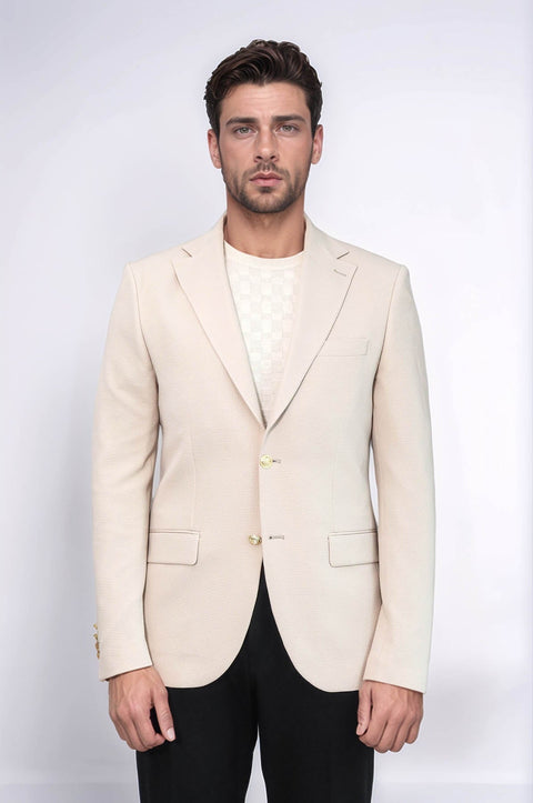Beige Textured Gold Metal Button Slim Fit Men's Blazer Jacket - Wessi