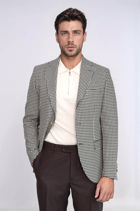 Black & Cream Houndstooth Pattern Gold Metal Button Slim Fit Men's Blazer Jacket - Wessi