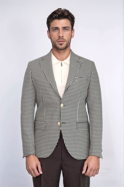 Black & Cream Houndstooth Pattern Gold Metal Button Slim Fit Men's Blazer Jacket - Wessi