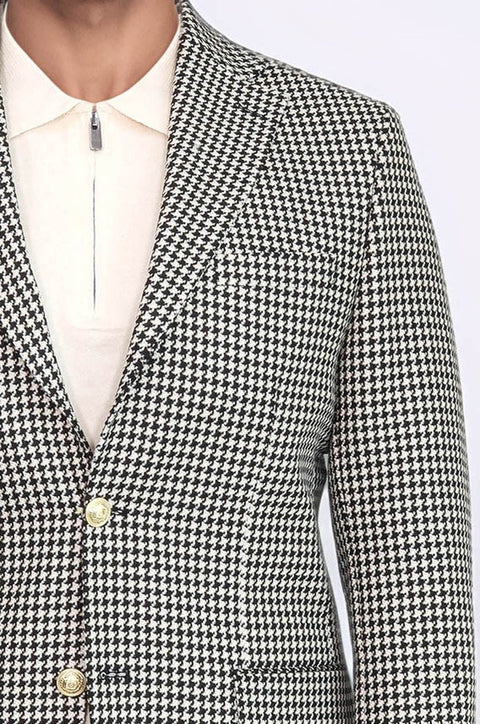 Black & Cream Houndstooth Pattern Gold Metal Button Slim Fit Men's Blazer Jacket - Wessi