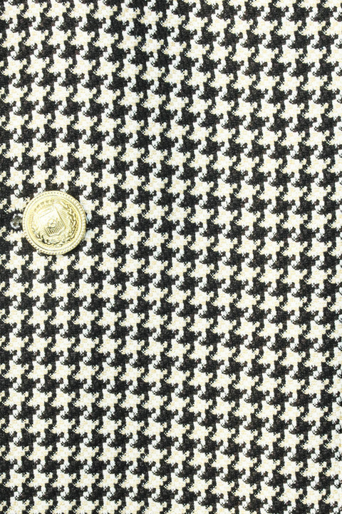 Black & Cream Houndstooth Pattern Gold Metal Button Slim Fit Men's Blazer Jacket - Wessi