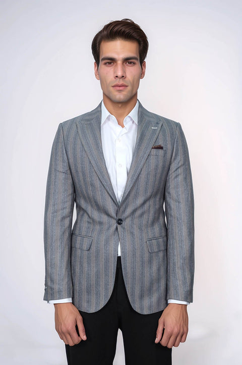 Striped Slim Fit Men Grey Blazer - Wessi