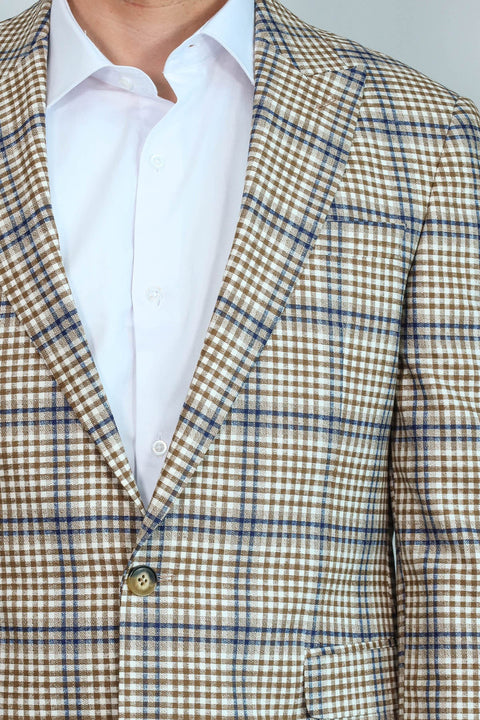 Plaid Slim-Fit Brown Blue Men Blazer - Wessi