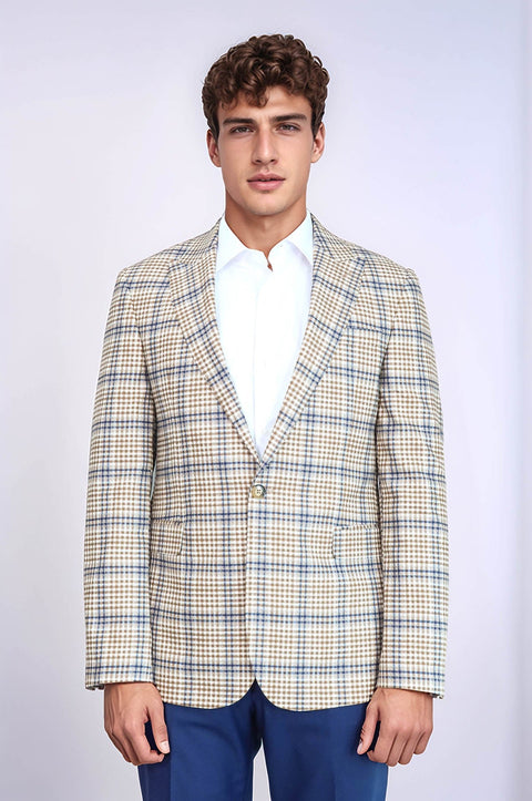 Plaid Slim-Fit Brown Blue Men Blazer - Wessi