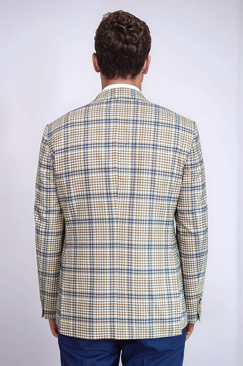 Plaid Slim-Fit Brown Blue Men Blazer - Wessi