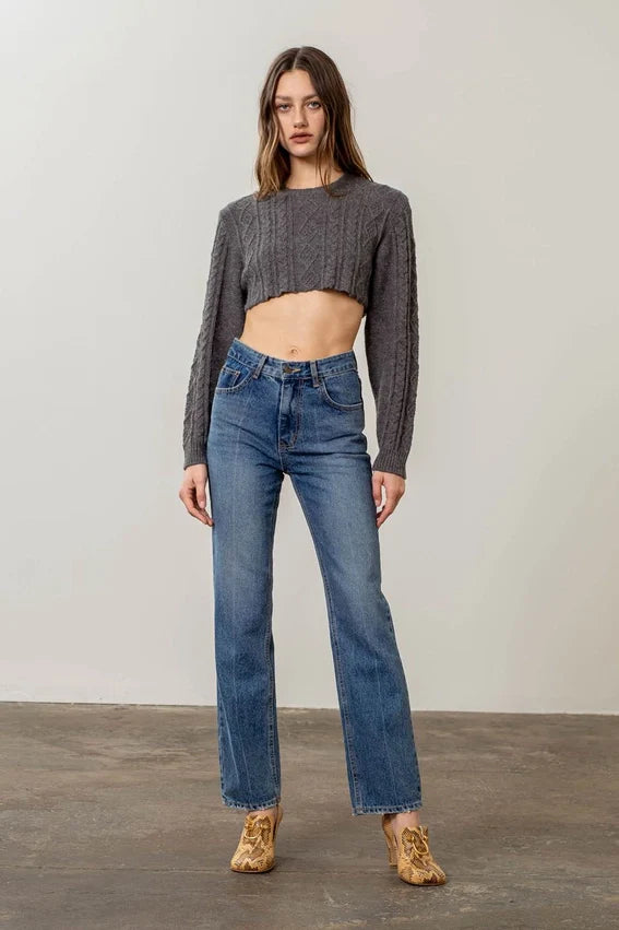 Cable Knit Lettuce Hem Cropped Sweater