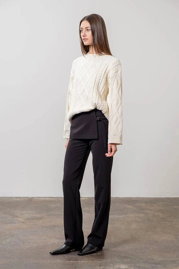 Cable Knit Sweater with Denim Detail